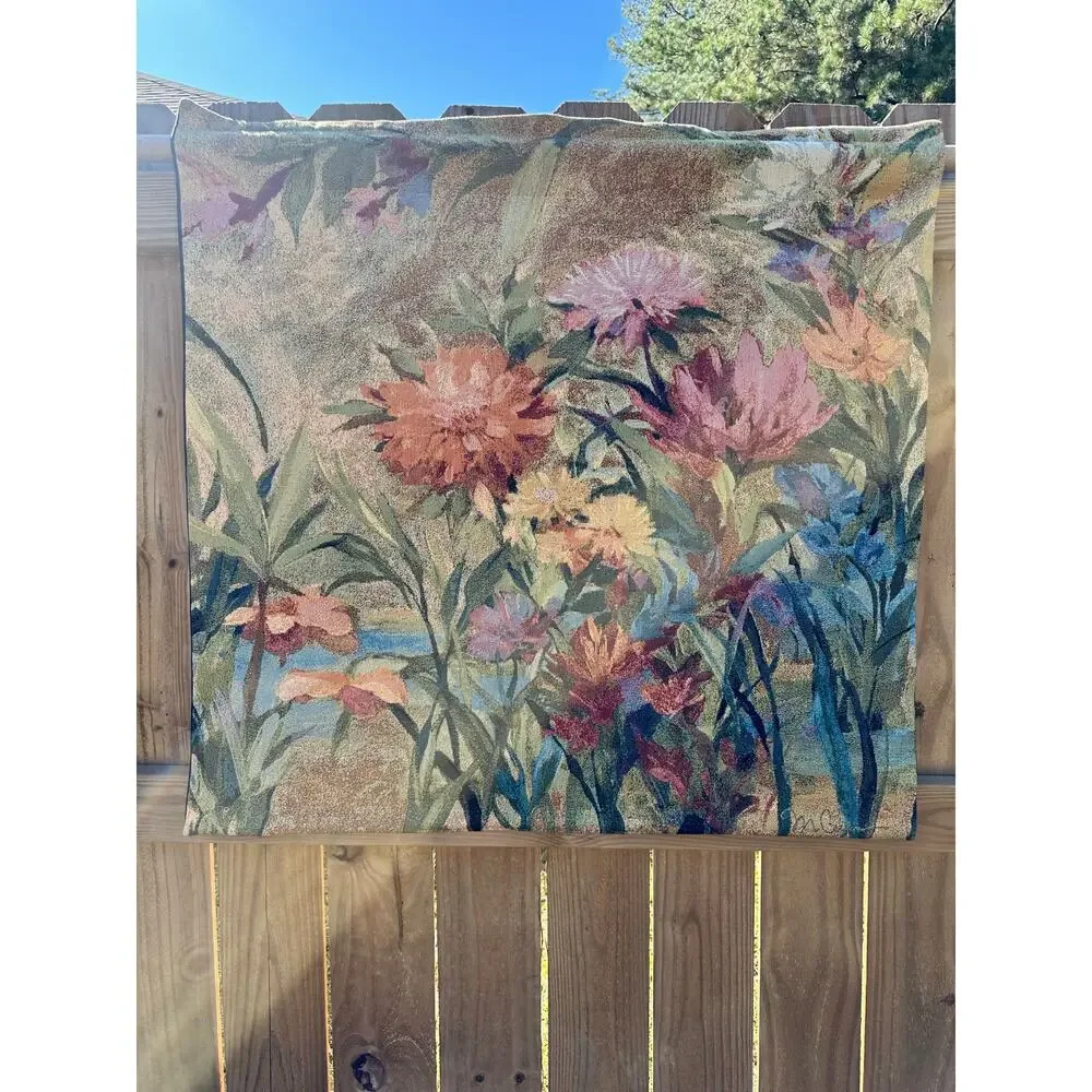 VTG Floral Tapestry Wall Hanging‎ Nature Garden Scene 30x29 USA Cottagecore BOHO